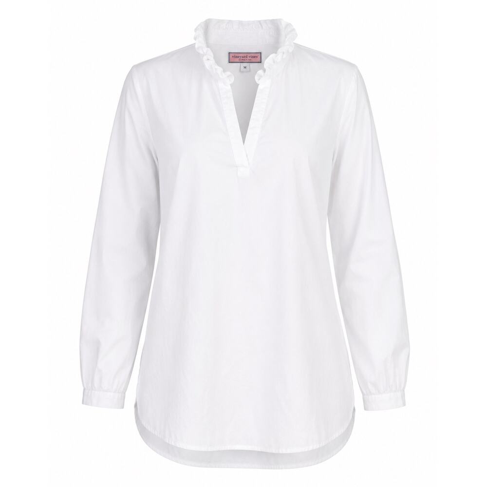 Vineyard Vines White Cotton Tunic Top Ruffle Collar Split Neck Long Sleeve MED